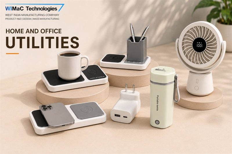 WiMaC home and office utilities catalogue cover showing mug warmers, a wireless charger, a kettle and a desk fan